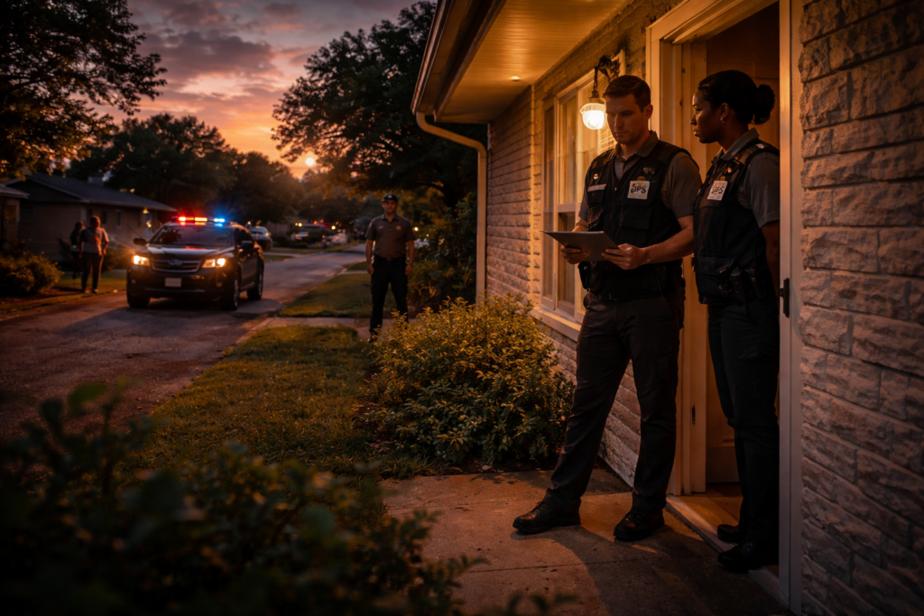 CPS caseworkers standing at a Texas home at sunset with a police vehicle nearby, illustrating court escalation after avoiding CPS contact