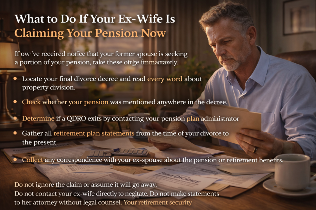 Man reviewing divorce decree and pension documents at a desk, illustrating steps to take when an ex-spouse claims retirement benefits