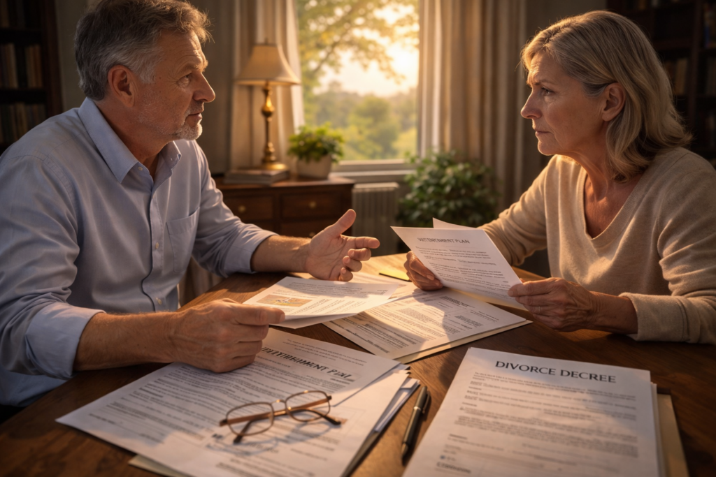An older couple sits across from each other, examining legal documents related to their divorce proceedings, which may include a qualified domestic relations order for dividing pension benefits and retirement accounts. The atmosphere is serious as they discuss the implications of their marital property and how their pensions will be affected by the divorce decree.