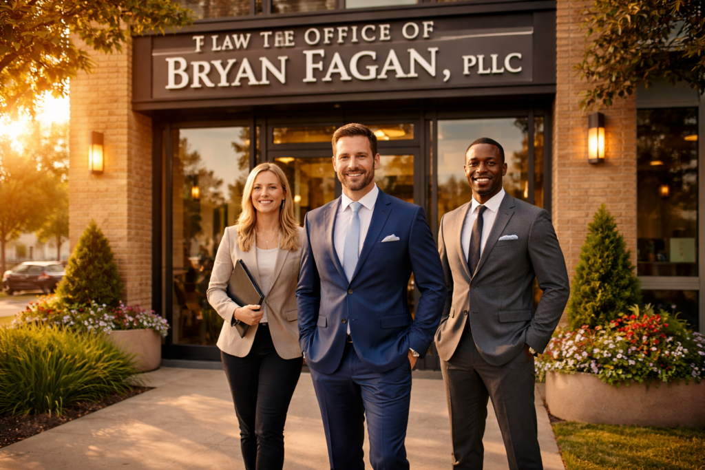 A team of Texas family law attorneys standing outside The Law Office of Bryan Fagan, PLLC on a sunny day, representing experienced, compassionate legal guidance focused on the best interest of the child.