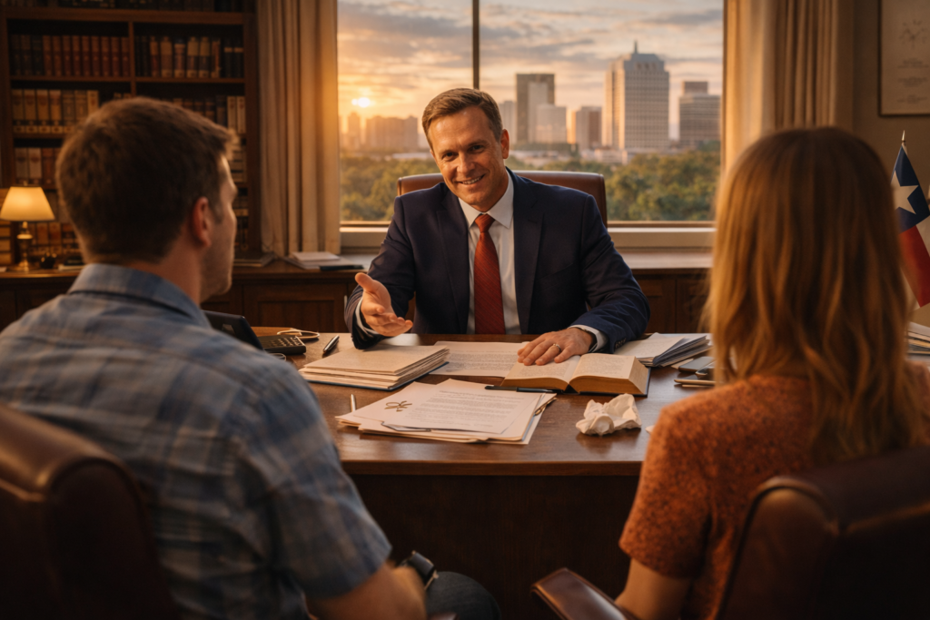 Wide-angle image of a Texas family law attorney meeting with a couple in a Houston office, demonstrating compassionate legal guidance and transparent divorce planning