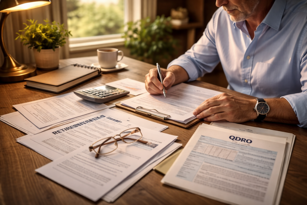 A professional sits at a desk, reviewing retirement documents that include a calculator and various paperwork related to pension benefits and retirement accounts. The focus is on understanding how divorce proceedings might affect the division of marital assets, particularly concerning the former spouse's pension and the implications of a qualified domestic relations order.