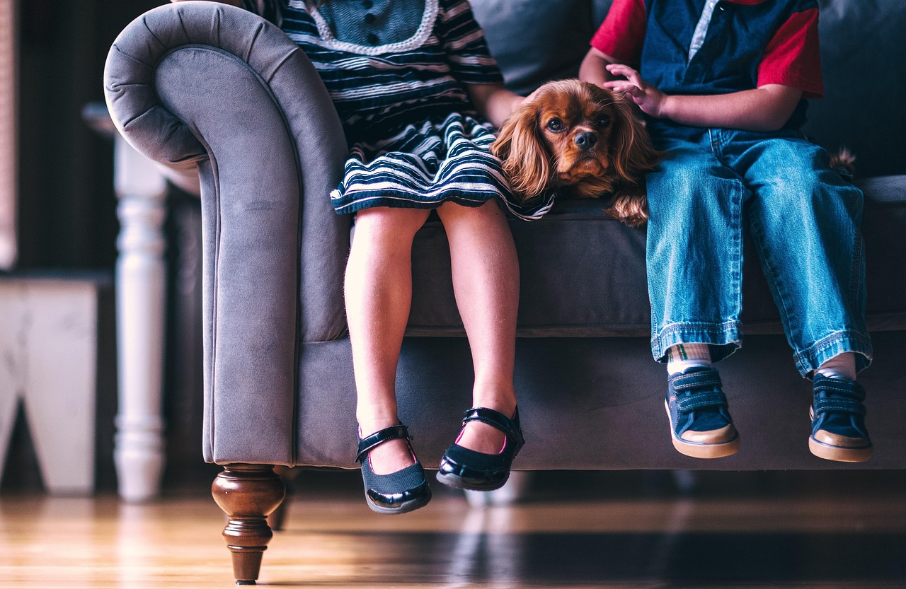 A pet dog in between two kids sitting on a sofa.