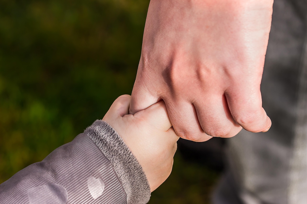 An adult hand holding a child's hand.