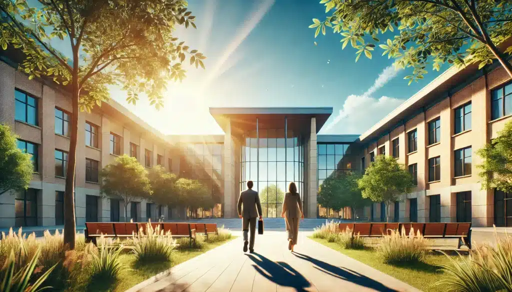 A wide-angle, photo-realistic, cinematic summer scene that captures the essence of no-fault divorce in Texas. The image shows a serene, sunlit outdoor environment with a modern courthouse in the background. In the foreground, a couple is walking away peacefully, symbolizing a smooth and amicable separation. The setting is bright, with warm summer vibes, clear skies, and greenery, conveying a sense of relief, fresh starts, and the advantages of a no-fault divorce in Texas.