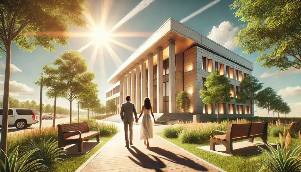 A wide-angle, photo-realistic, cinematic summer scene symbolizing the simplification of the legal process with no-fault divorce. The image shows a modern courthouse with a clean, minimalist design under a bright, sunny sky. In the foreground, a peaceful couple walks together, smiling, with a sense of relief and resolution. The scene has greenery, warm light, and an atmosphere of calmness, highlighting the ease and reduced stress of the no-fault divorce process in Texas. The setting evokes summer vibes with a light breeze and relaxed energy.