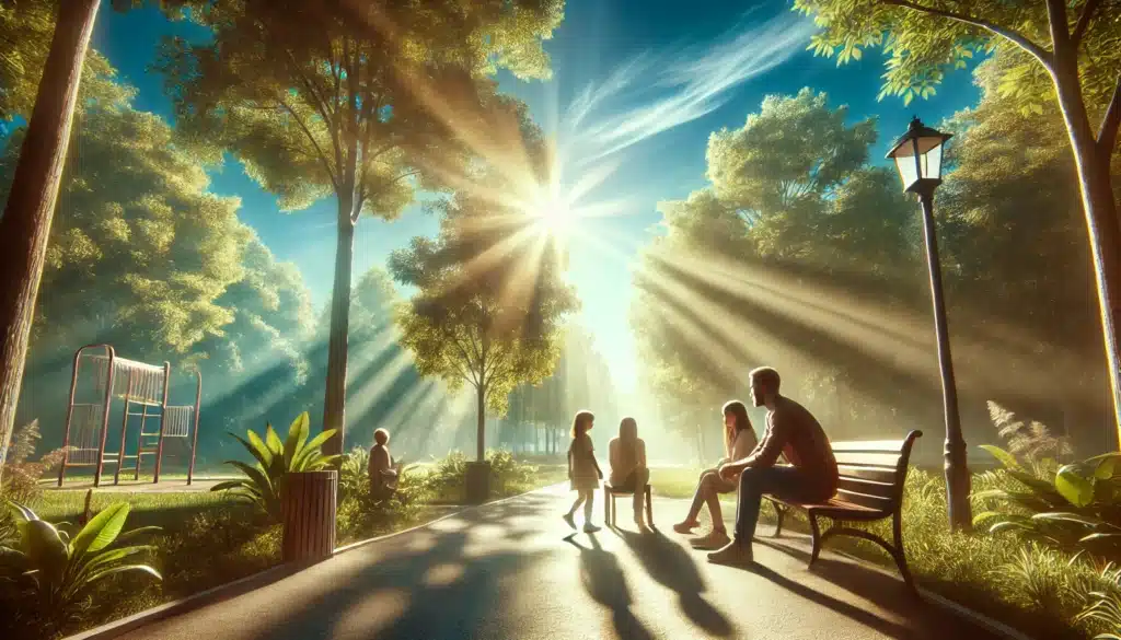 A wide-angle, photo-realistic, cinematic summer scene symbolizing the reduction of emotional strain on families during divorce. The image shows a peaceful, sunlit park where a family is gathered. A parent and child are sitting together on a bench, smiling and talking, with a serene backdrop of green trees, a clear blue sky, and soft sunlight filtering through. The summer vibes, light breeze, and warm tones evoke feelings of relief, comfort, and emotional healing, highlighting the positive effects of reducing emotional strain during divorce.