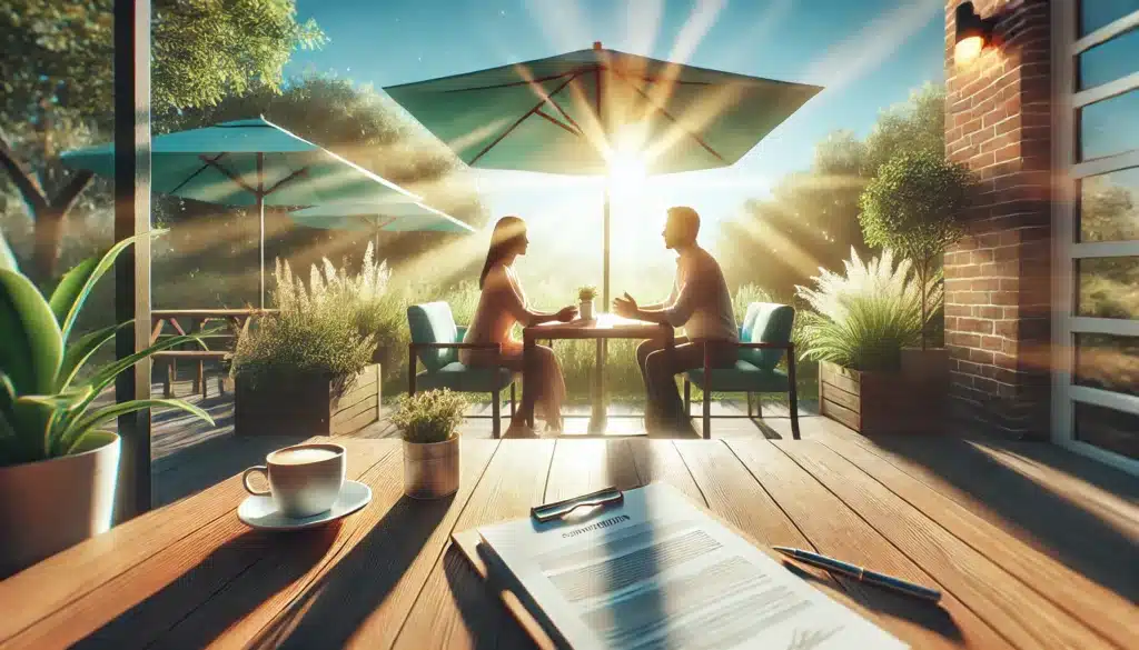 A wide-angle, photo-realistic, cinematic summer scene symbolizing promoting cooperation and amicable settlements in divorce. The image shows two people sitting at a sunny outdoor café, engaged in a calm and positive conversation, with documents and coffee cups on the table. The backdrop includes soft greenery, a warm summer breeze, and a bright blue sky. The peaceful atmosphere highlights the theme of cooperation, with light and inviting summer vibes, symbolizing resolution and amicable settlements.