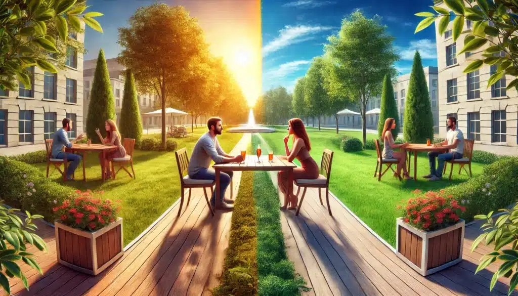 A wide-angle, photo-realistic, cinematic summer scene symbolizing the comparison between fault-based and no-fault divorces. The image features two couples sitting at separate outdoor tables in a sunny park setting. One couple is engaged in a tense conversation, while the other is calmly discussing, representing the contrast between fault-based and no-fault divorces. The backdrop includes vibrant greenery, a bright blue sky, and warm summer light, creating an inviting yet contrasting atmosphere to highlight the differences in the divorce approaches.