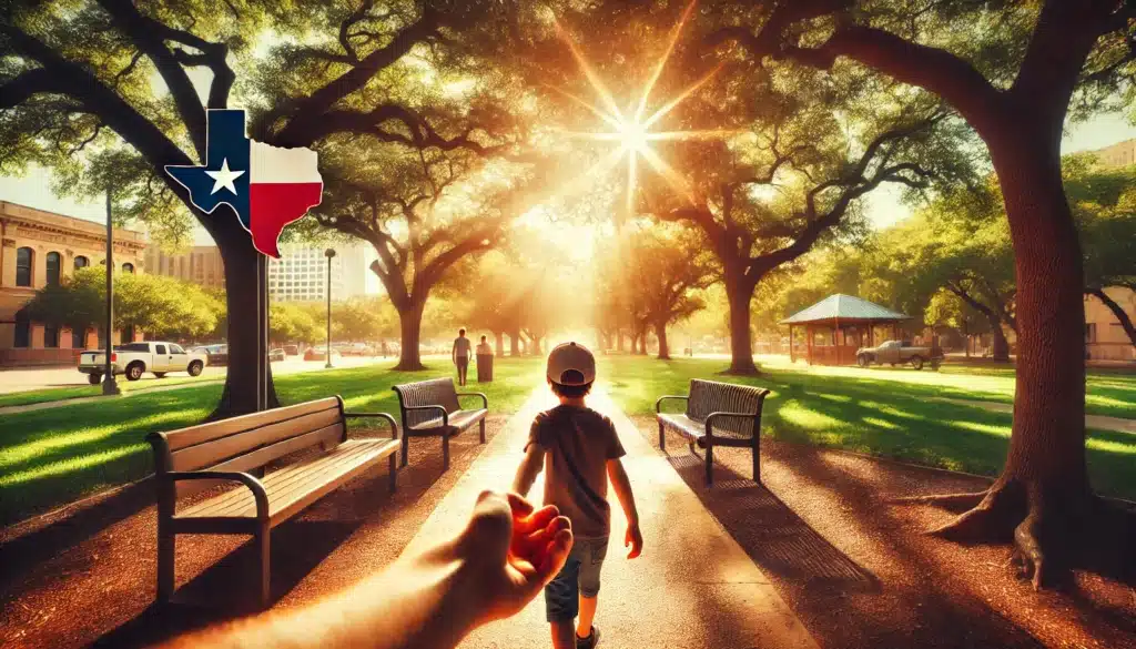A photo-realistic, cinematic wide-angle image with summer vibes, illustrating the concept of parental rights in Texas. The image shows a peaceful park scene on a sunny day, with a parent holding hands with a child, symbolizing the parent-child relationship. The surroundings include lush green trees and soft sunlight filtering through the leaves. The atmosphere is warm and inviting, with an emphasis on connection and protection. The image subtly incorporates elements of Texas, such as a lone star on a sign or a subtle outline of the Texas map in the background.