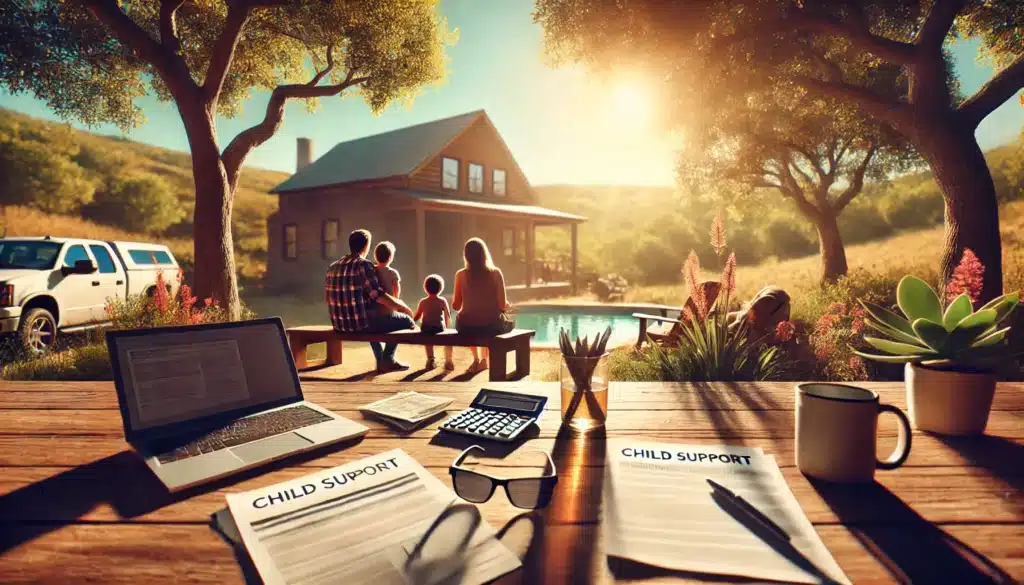 A photo-realistic, wide-angle, cinematic image with summer vibes, illustrating the concept of child support obligations in Texas. The image shows a family in a warm outdoor setting, symbolizing parental responsibilities, with subtle visual cues like legal documents or financial symbols representing child support. The scene captures the essence of a Texas summer with bright sunlight, trees, and an inviting landscape. The image should convey the seriousness of legal obligations while maintaining a natural and serene atmosphere.