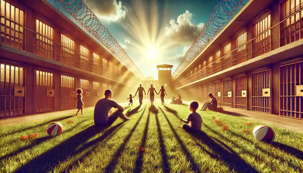 A wide-angle, photo-realistic, cinematic summer scene illustrating the complexities of parental rights during incarceration. The image captures an emotional contrast, with a prison in the background under warm sunlight and a family in a park-like setting in the foreground. The incarcerated parent is separated from the family by symbolic prison bars, while the children play in a vibrant, sunny environment. The scene evokes the struggle and emotional distance faced by incarcerated parents as they try to maintain their parental rights, with warm summer tones and soft shadows.