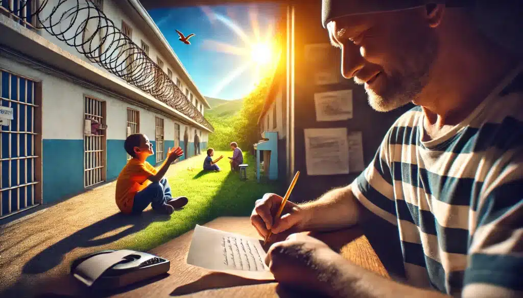 A wide-angle, photo-realistic, cinematic summer scene illustrating an incarcerated parent maintaining a relationship with their child through letters and communication. The scene captures the warm summer vibe, with sunlight streaming in through a prison window as the parent writes a letter. In the background, the child is shown in a park-like setting, receiving the letter with a smile. The visual contrast emphasizes the connection despite the physical separation, with vibrant summer tones and a hopeful atmosphere.