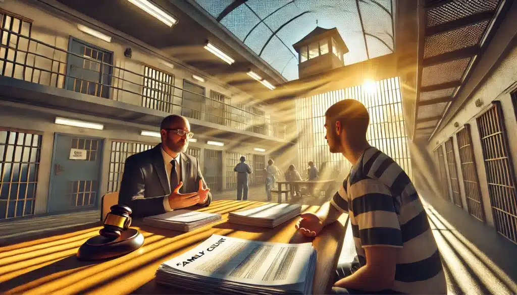 A wide-angle, photo-realistic, cinematic summer scene illustrating the importance of legal assistance for incarcerated parents to navigate their rights and responsibilities. The scene shows an attorney speaking with an incarcerated parent through a glass partition, with legal documents spread on a table. Sunlight streams through a nearby window, casting a hopeful glow, while outside the prison, a family court building is visible in the background. The warm summer vibe, soft shadows, and vibrant tones highlight the significance of legal support in helping parents retain custody and fulfill responsibilities.