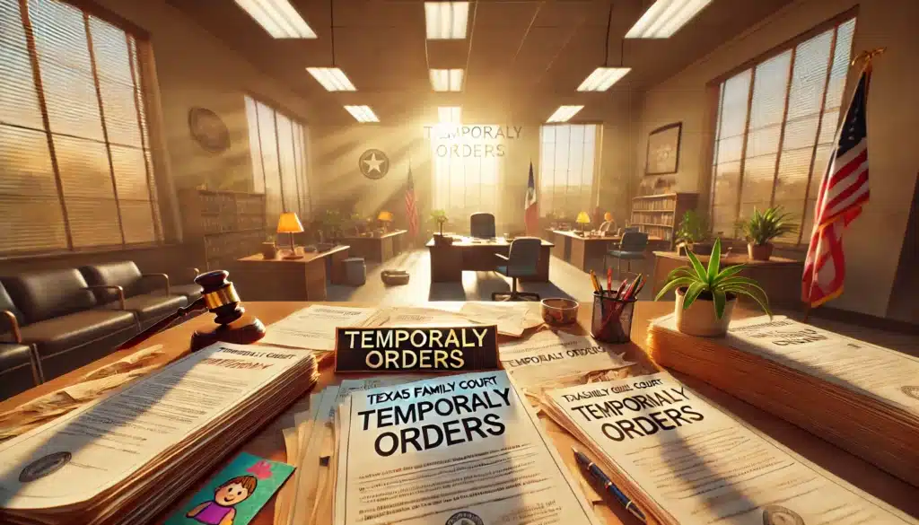 A wide-angle, cinematic, photo-realistic image capturing an overview of temporary orders in a divorce process setting. The scene shows a Texas family court office or a legal setting with a desk covered in documents labeled as temporary orders. There are symbols of family life, like children's drawings or family photos, creating a contrast between the formality of legal documents and the warmth of family moments. The lighting is summery and warm, with sunlight streaming in to create a hopeful atmosphere, as if taken with a wide-angle lens to capture the complexity and gravity of the divorce process.