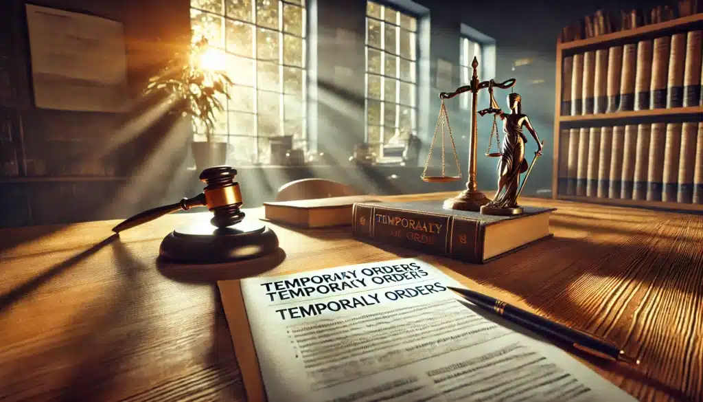 A wide-angle, cinematic, photo-realistic image representing how temporary orders can influence final divorce outcomes. The scene shows a family court or legal office setting with a table displaying divorce documents and temporary orders, along with a gavel and scales of justice, symbolizing decision-making. Sunlight streams through a window, casting a warm summer glow over the scene, creating a hopeful yet serious atmosphere. The background includes subtle personal items, like family photos or a calendar, highlighting the personal impact of these orders. Captured with a wide-angle lens for a dramatic storytelling perspective.