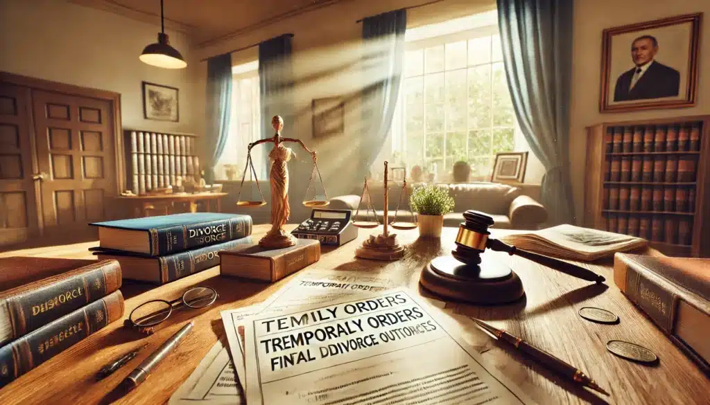 A wide-angle, cinematic, photo-realistic image representing how temporary orders can influence final divorce outcomes. The scene is set in a family court or legal office with a table covered in divorce documents, temporary orders, a gavel, and scales of justice, symbolizing decision-making. Sunlight streams through a window, casting a warm summer glow, creating a hopeful yet serious atmosphere. Subtle personal items like family photos or a calendar in the background highlight the personal impact of these orders. Captured with a wide-angle lens for a dramatic, storytelling perspective.
