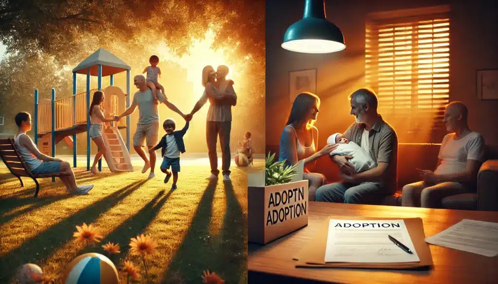 A cinematic, wide-angle, photo-realistic image capturing the essence of summer vibes. A split-screen composition showcasing two contrasting adoption experiences. On the left, a warm, sunlit park scene where adoptive parents and birth parents happily interact, symbolizing an open adoption. A child plays joyfully while both families share smiles. On the right, a quiet, softly lit room where adoptive parents hold their child closely, representing a closed adoption. A sealed envelope with legal documents rests on a table, signifying confidentiality. The setting is inviting and emotional, with golden-hour lighting enhancing the heartfelt atmosphere.
