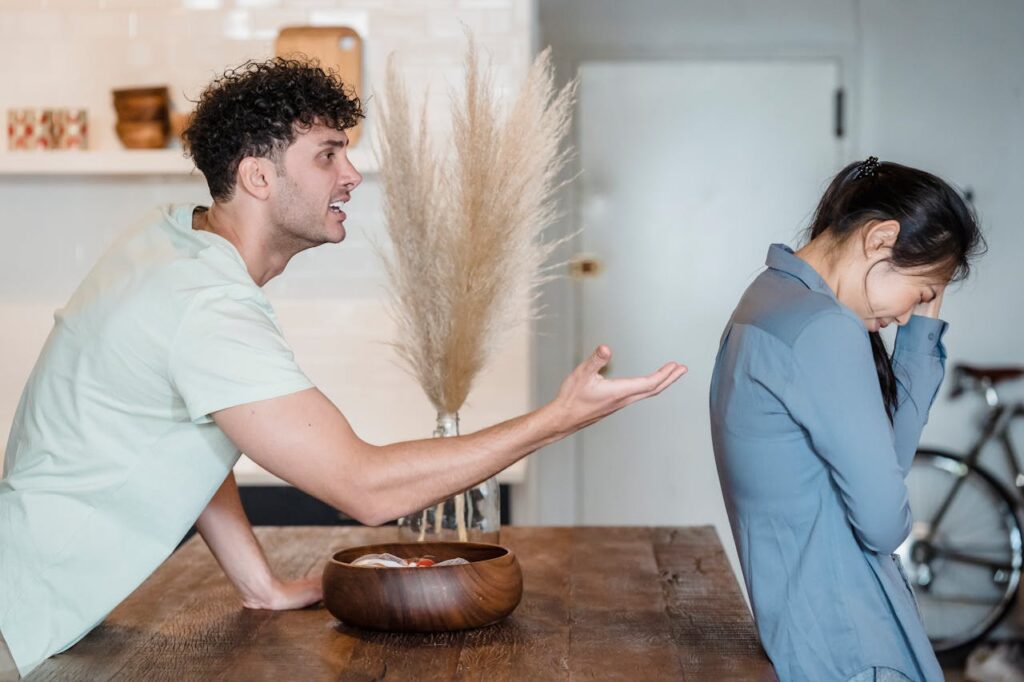 man talking to upset partner