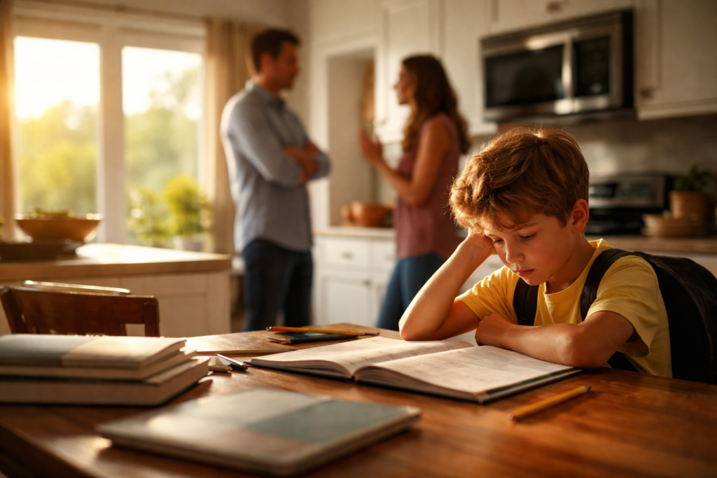 A child working on homework at a kitchen table while parents talk in the background, illustrating how Texas custody decisions affect a child’s emotional and academic stability.