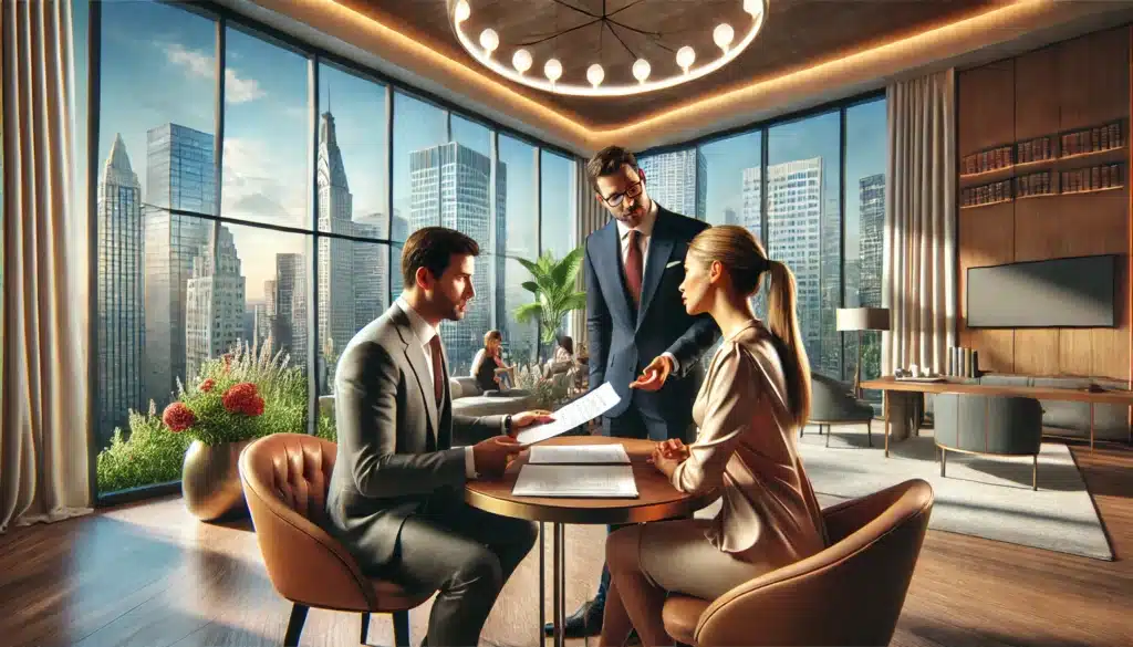 An illustration of a high asset divorce attorney assisting clients.