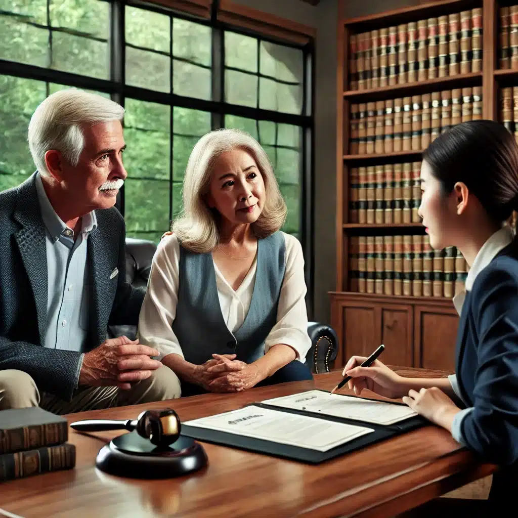Senior couple consulting with estate planning attorney in elegant law office, discussing will and trust documents, surrounded by legal books and a gavel.