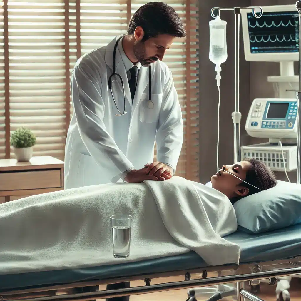 Doctor showing compassion beside a deceased patient covered with a white sheet in a hospital room, highlighting legal considerations for transportation of deceased bodies in Texas.