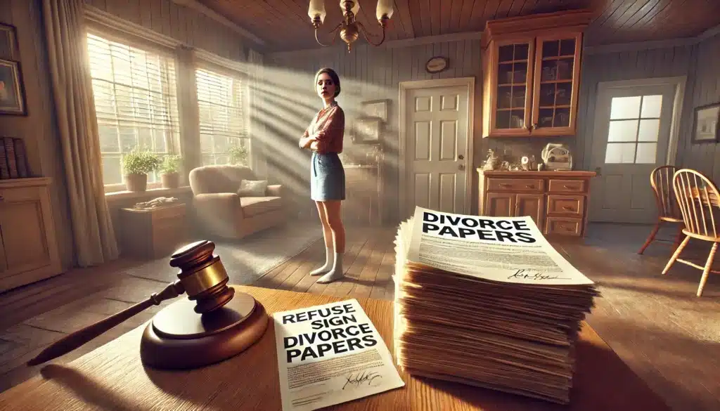 A wide-angle, photo-realistic, cinematic summer scene illustrating the common reasons for refusing to sign divorce papers. The image captures both emotional and legal factors. In the foreground, an emotional person stands beside a kitchen counter, looking hesitant. Nearby, a stack of 'Divorce Papers' sits prominently, with legal documents and a gavel symbolizing the legal aspects. The setting is a cozy living room with soft summer lighting streaming through the windows, casting shadows that evoke a reflective and tense mood. The overall scene combines emotional hesitation with legal implications, captured in a cinematic wide-angle style.