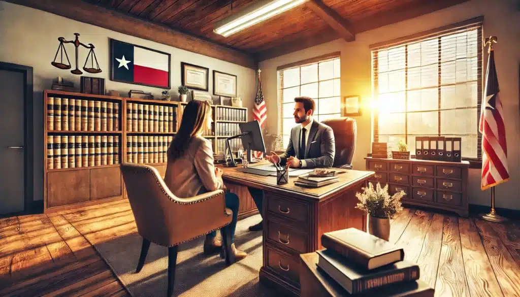 A wide-angle, photo-realistic, cinematic image of a custody lawyer in a professional office discussing services with a client. It's a bright summer day, with warm natural sunlight streaming in through large windows. The lawyer is seated at a wooden desk, with legal documents, a computer, and a cup of coffee on the desk. The client is seated across, listening intently. The office has a welcoming vibe, with law books, certificates on the wall, and the Texas flag subtly visible. The atmosphere is relaxed yet professional, with a summery feel.
