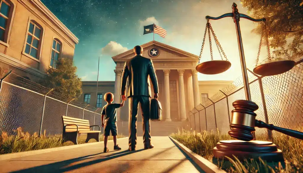 A wide-angle, photo-realistic cinematic illustration depicting the concept of parental rights in Texas, focused on family law. The scene shows a summer day, with a courthouse in the background and a symbolic scale of justice. In the foreground, a father holding his child’s hand stands next to a lawyer, symbolizing legal representation. The warm, golden summer sunlight contrasts with the serious nature of family law, evoking a balance between family and justice. The mood is reflective yet hopeful, with a focus on Texas and family law. No text or camera equipment.