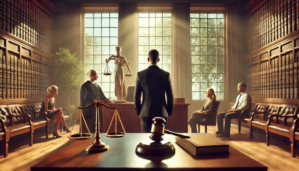 A wide-angle, photo-realistic cinematic visual representation of the legal grounds for terminating parental rights in Texas. The scene shows a symbolic courtroom with a judge presiding, scales of justice in the background, and a father looking contemplative. In the foreground, a lawyer stands at a desk with legal documents. The summer sunlight streams through large windows, creating a contrast between the warmth of the season and the seriousness of the legal matter. The atmosphere captures the weight of the decision-making process in family law. No text or camera equipment.
