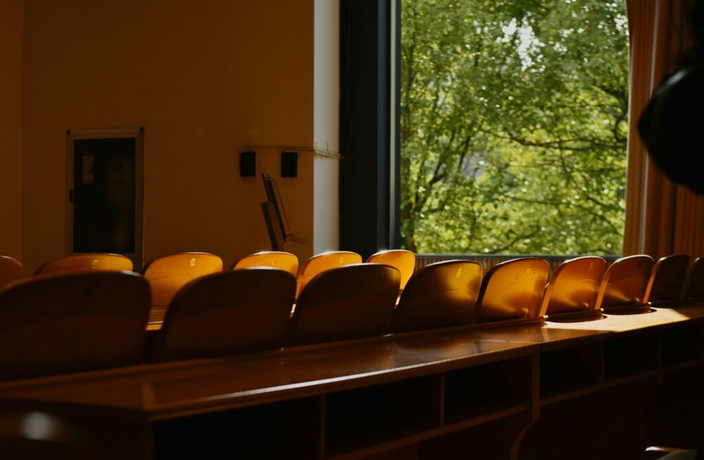 rows of wooden chairs