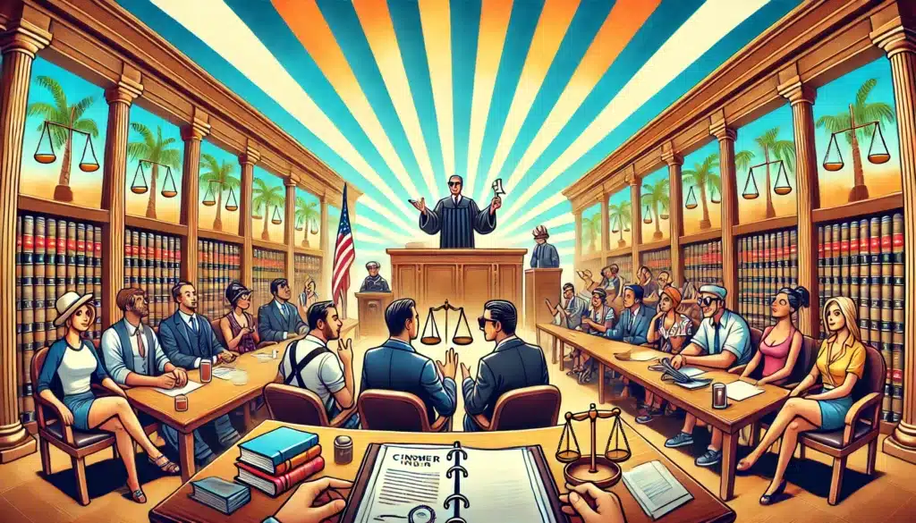 A cartoon depicting a courtroom scene with a judge and lawyers discussing real-life case studies.