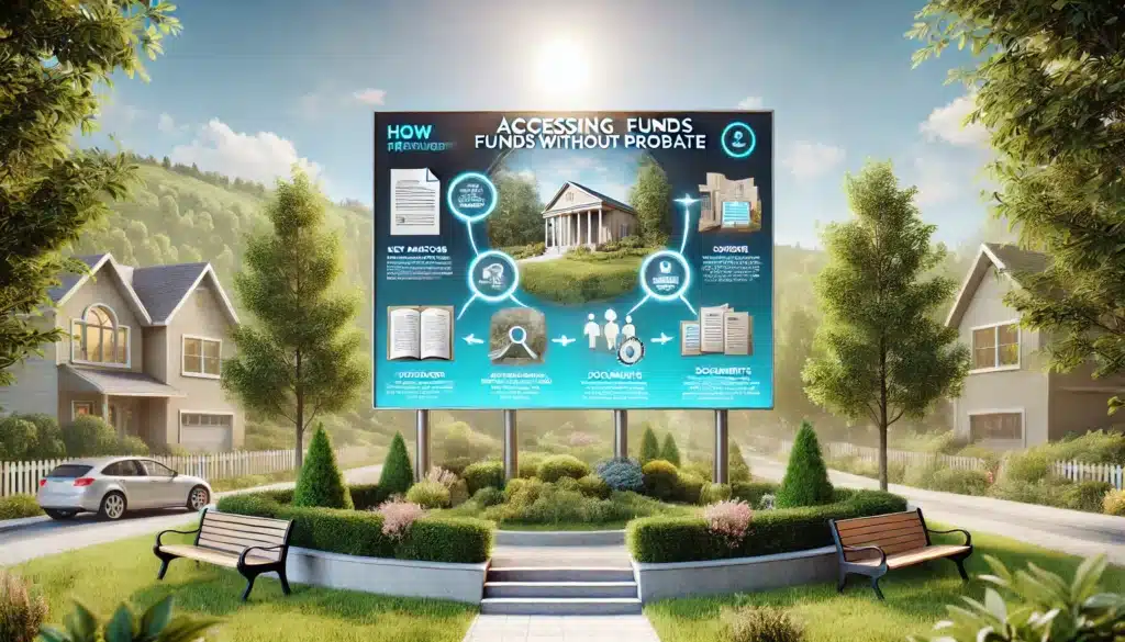 A step-by-step illustration depicting the process of accessing funds without probate, featuring key actions and documents.