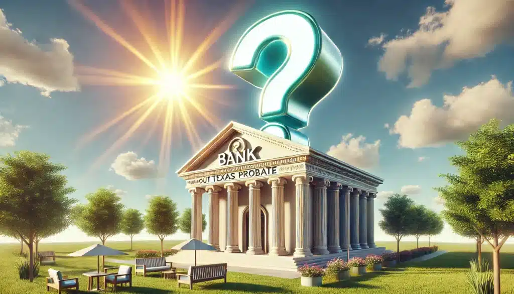 An illustration depicting a bank with a question mark, symbolizing the query about fund release without Texas probate.