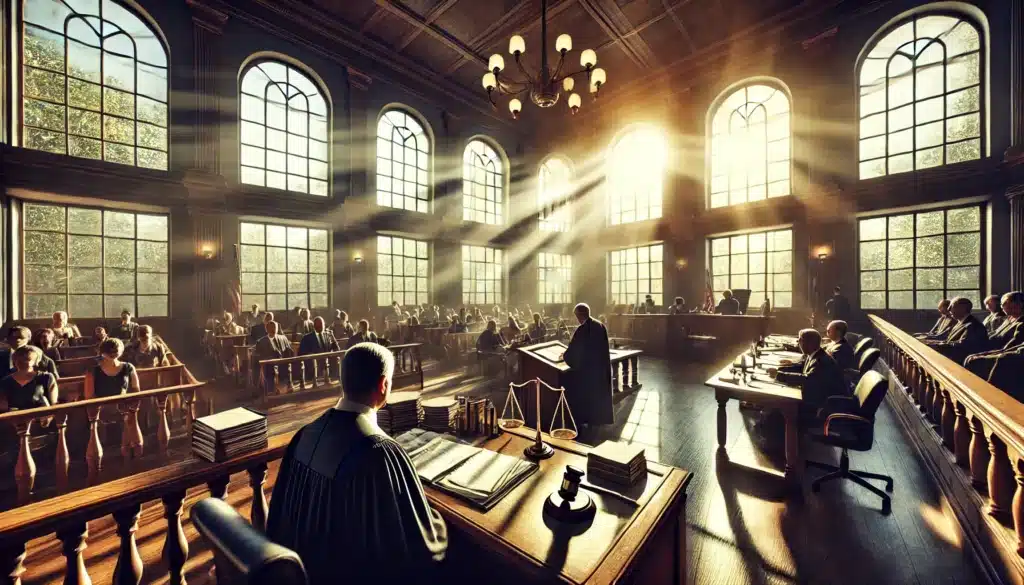 An illustration depicting a courtroom scene where a judge is making decisions about alimony, representing the role of the court in alimony decisions.