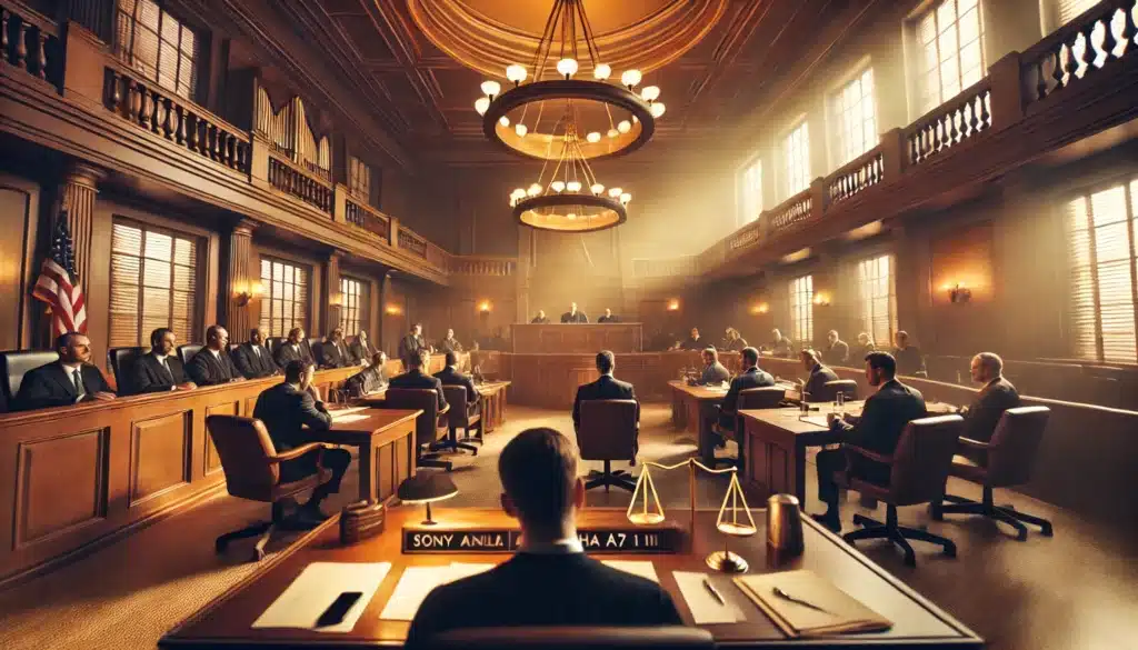 An illustration depicting a courtroom setting where a motion for new trial is being discussed.