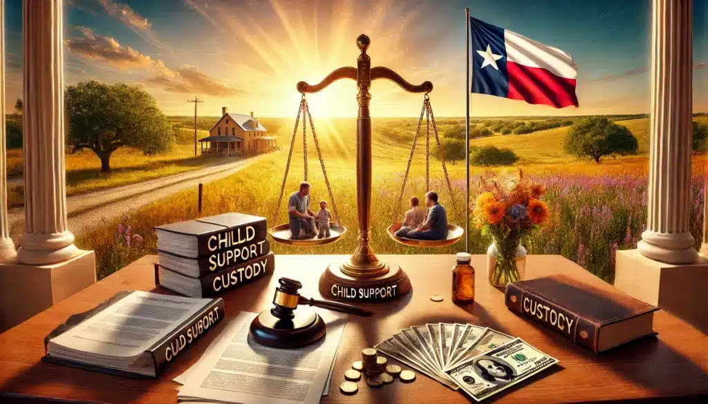 An illustration depicting the concepts of child support and custody in Texas, highlighting the differences between them.