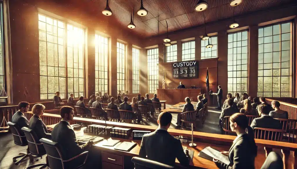 An illustration of a courtroom scene highlighting custody proceedings in Texas.
