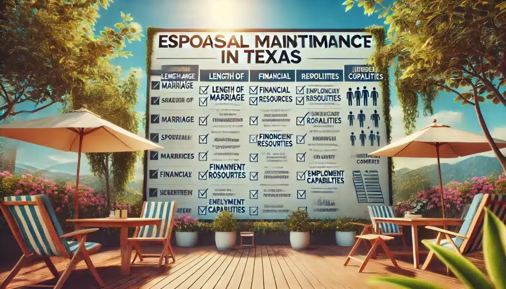 An illustration showing a checklist of eligibility criteria for spousal maintenance in Texas, emphasizing the importance of various factors.