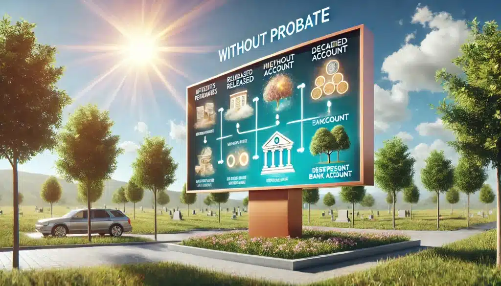 An illustration showing different circumstances under which funds can be released without probate, including a deceased person's bank account.