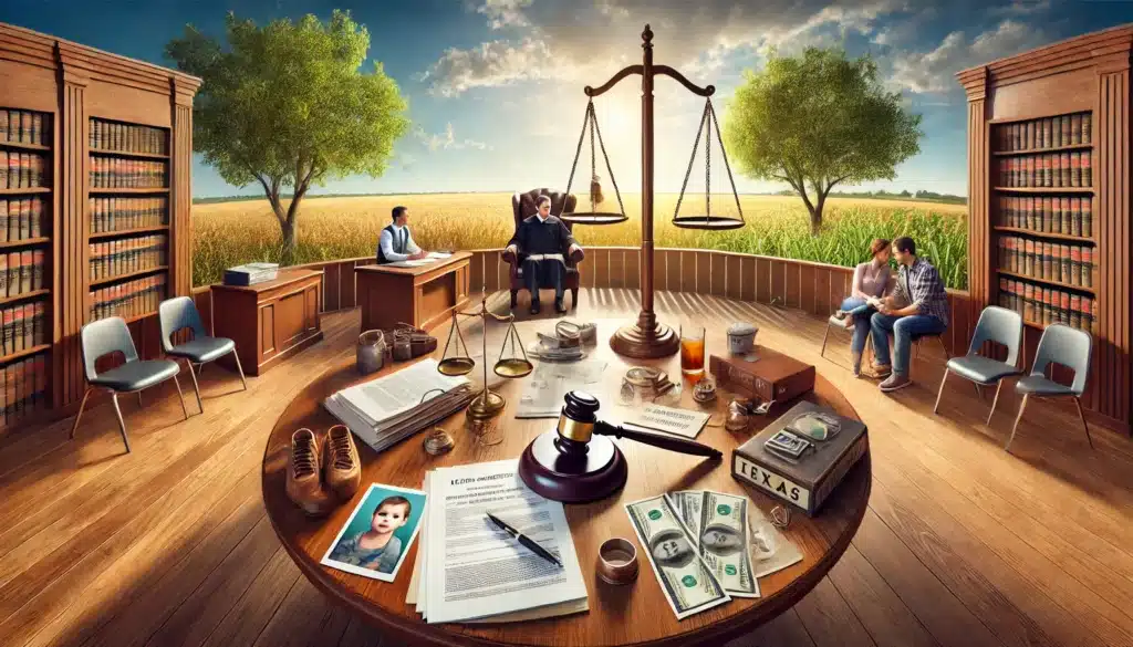 An illustration showing how courts determine in Texas, featuring various influencing factors.