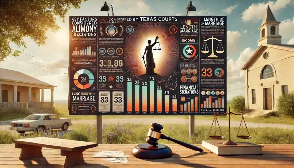 An infographic illustrating the various factors considered by Texas courts in alimony decisions, including income, length of marriage, and financial situations.