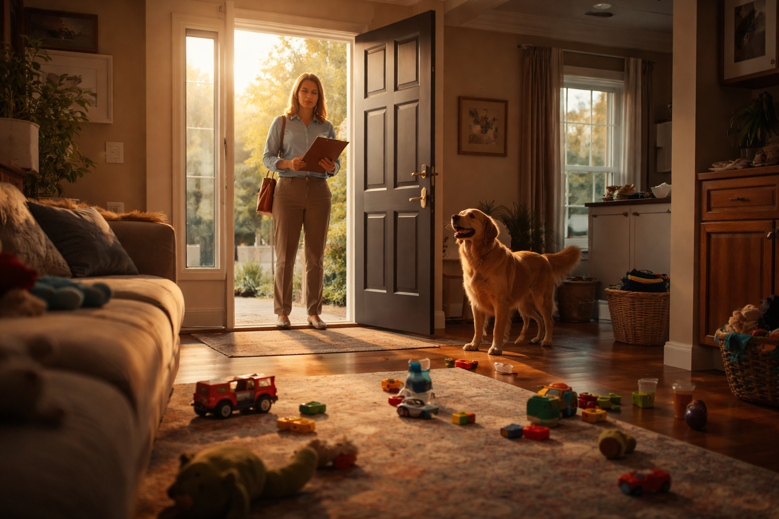 CPS investigator standing at a family’s front door in a wide-angle living room scene with toys on the floor and a dog nearby, capturing the tense moment of a Texas CPS home visit.