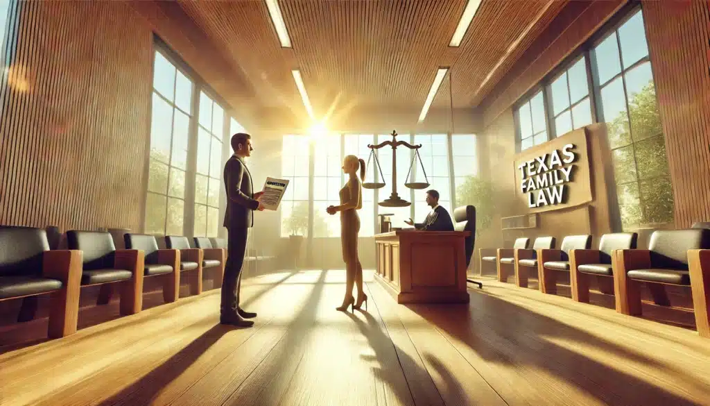 A wide-angle, photo-realistic, cinematic image with summer vibes that visually represents the concept of a counter-petition in Texas family law. The scene shows a courtroom with two sides, one person standing confidently presenting a legal document (the counter-petition) to the judge, while the other side looks surprised. The environment has a modern, professional feel with bright summer sunlight streaming through large windows, creating a warm yet serious atmosphere. There are symbolic elements like a scale of justice in the background to emphasize the legal context of the counter-petition in Texas family law.
