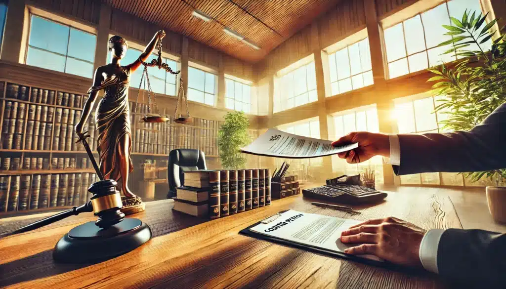 A wide-angle, photo-realistic, cinematic image with summer vibes, illustrating the process of filing a counter-petition in a legal context. The scene shows a modern law office where a person is handing over a legal document to a court clerk at a desk, symbolizing the filing of a counter-petition. The environment is bright and professional, with large windows letting in warm summer sunlight. In the background, legal books, scales of justice, and court documents emphasize the legal setting. The image evokes a sense of action, professionalism, and empowerment in the legal process.