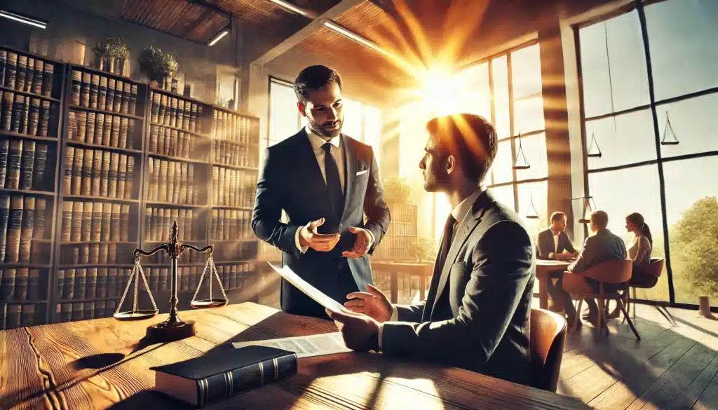 A wide-angle, photo-realistic, cinematic image with summer vibes, illustrating the importance of professional legal guidance in family law cases. The scene features a confident attorney discussing legal documents with a client in a modern office, bathed in warm summer sunlight coming through large windows. The atmosphere is professional yet inviting, with the attorney offering clear advice and guidance. Behind them, shelves of legal books and a symbolic scale of justice emphasize the legal context, while the summer setting adds a sense of hope and optimism. The image evokes trust, expertise, and reassurance.