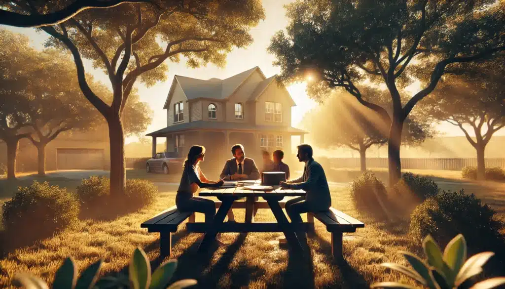 A cinematic, wide-angle, photo-realistic image illustrating the theme 'tips for effective mediation in temporary orders cases.' Set in a warm Texas summer afternoon, the scene shows a calm, sunlit suburban park. A couple sits at a picnic table with a mediator between them, each person with open documents and pens, engaged in a calm, collaborative discussion. The background includes a family home and soft-focus trees, representing stability and family concerns. Golden-hour sunlight filters through the trees, casting soft shadows, adding a warm and reflective atmosphere that embodies a productive and positive mediation process.