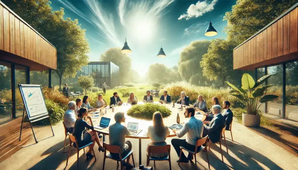 A wide-angle, photorealistic, cinematic summer image capturing a peaceful mediation process. Set outdoors in a bright, summery environment with green trees and a soft blue sky. A group of people sits around a large table, engaging in discussions. Documents and laptops are on the table, with participants attentively listening and exchanging ideas, indicating steps in the mediation process like initial meetings, negotiation sessions, and finalizing agreements. The atmosphere reflects open discussions, collaboration, and a calm approach to finding solutions. Photographed in the style of a Sony Alpha A7 III wide-angle lens.