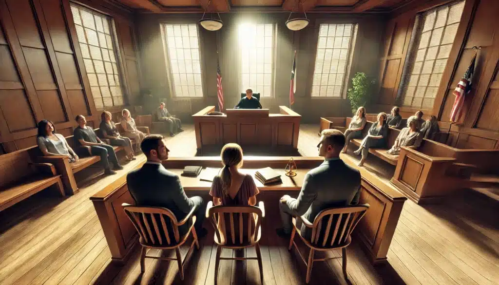 A wide-angle, photo-realistic cinematic image of a Texas courtroom scene illustrating how joint managing conservatorship cases are handled. The scene features a judge at the bench, two parents seated on either side of the courtroom, and their attorneys nearby. Sunlight filters through large windows, giving a warm summer ambiance. The courtroom is traditional, with wood-paneled walls and rows of seating. The parents appear engaged yet calm, symbolizing the serious but cooperative nature of joint conservatorship hearings. The atmosphere is respectful, highlighting the formality and importance of child custody decisions in Texas.